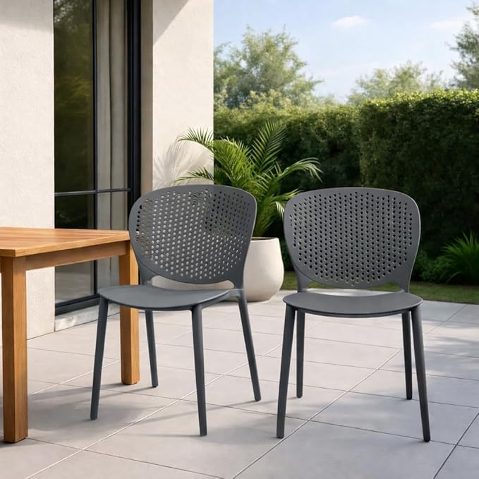 2xhome Set of 2 Patio Dining Chairs | Modern Stackable Outdoor Pool Side Chair | Weather Resistant Plastic for Yard, Porch, Balcony, Kitchen, Gray
