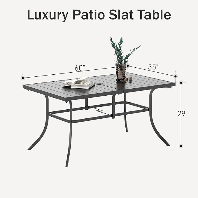 PHI VILLA 6-Person Outdoor Metal Steel Slat Dining Rectangle Table with Adjustable Umbrella Hole, Weather-Resistant for Patio Outdoor Use, Black