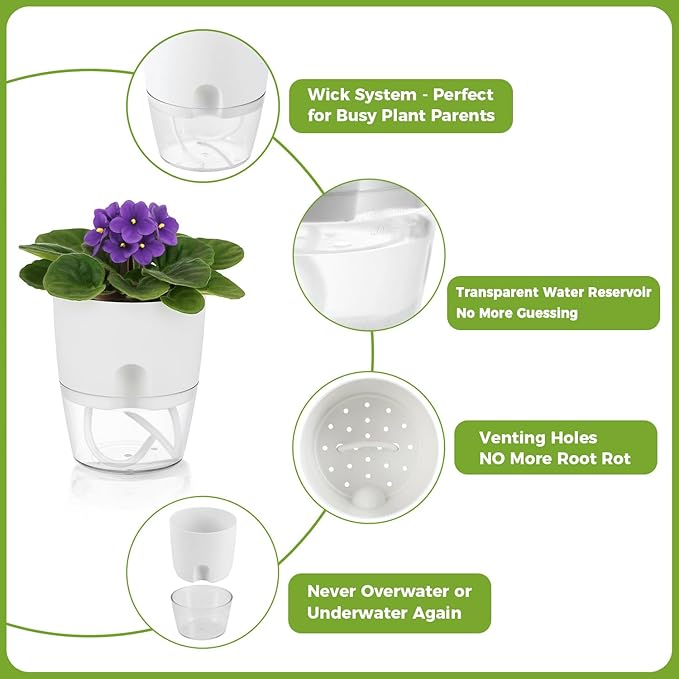 8 Pack Self Watering Pots for Indoor Plants, PlanterHoma 3.2 Inch Plant Pot Plastic Self Watering Planter for Orchid, African Violet, Mini Clear Flower Pots with Drainage Holes and Wicking Rope, White