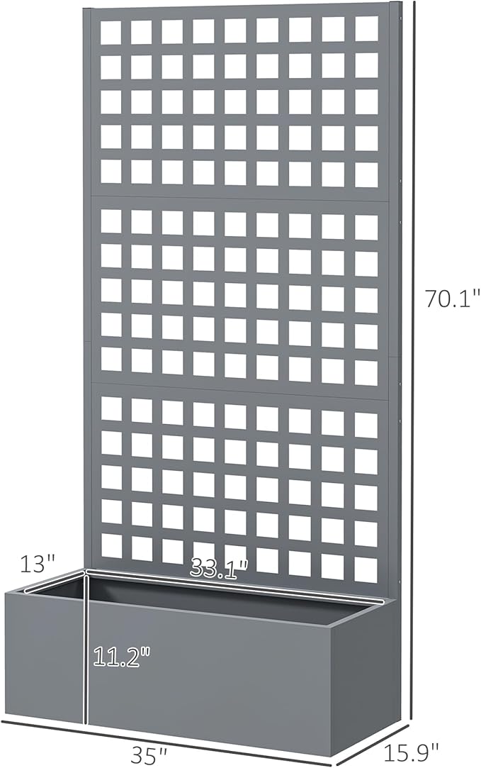 Outsunny Galvanized Raised Garden Bed with Trellis, Metal Planter Box with Drainage Holes, Outdoor Privacy Screen for Climbing Plants, Vegetable, Vines, 35" x 16" x 70", 2 Pack, Gray Wood Effect