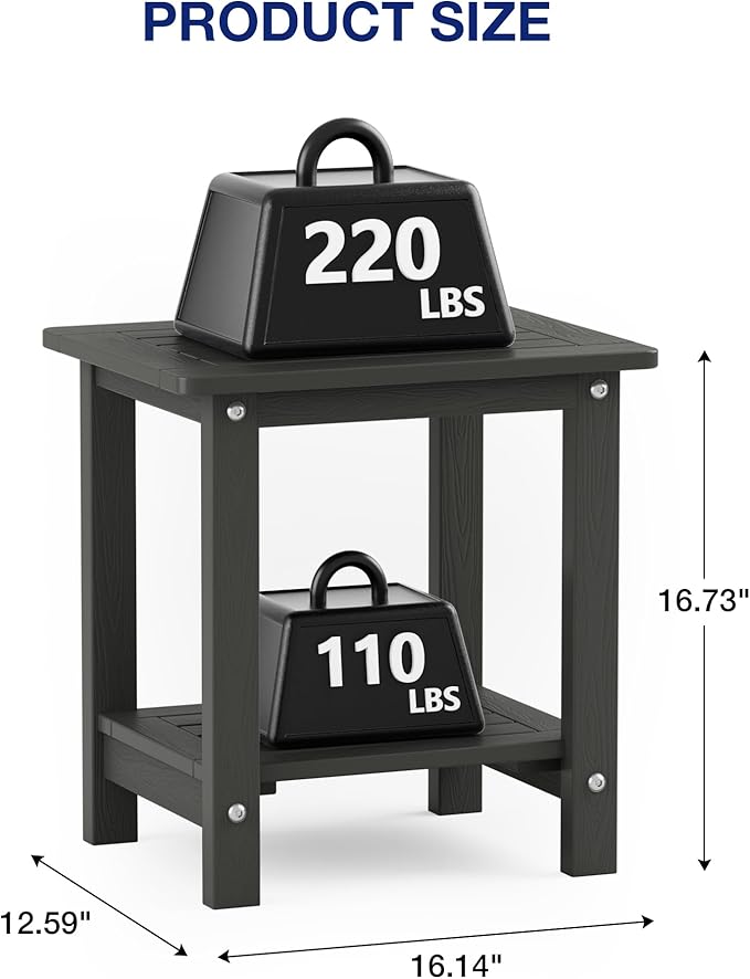 YEFU Outdoor Side Table for Patio: 16" HIPS Weather - Resistant Adirondack Tables Set of 2 - Small Square End Table for Backyard Living Room Bedroom - Indoor Outdoor Double Layer Table Dark Grey