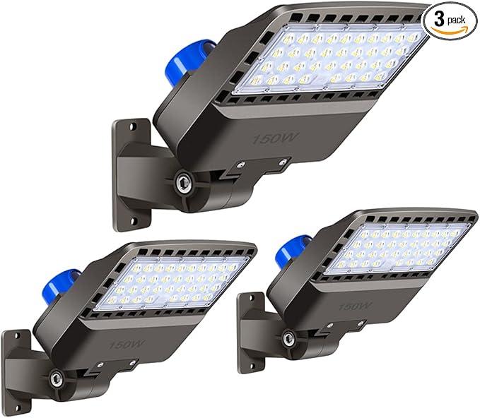 Juyace 3 Pack 150W LED Parking Lot Light Dusk to Dawn, 21000LM Super Bright Shoe Box Street Lights, IP65 Waterproof Commercial Area Flood Lighting for Yard Barn Wall Mount, 110-277V, 5000K Daylight