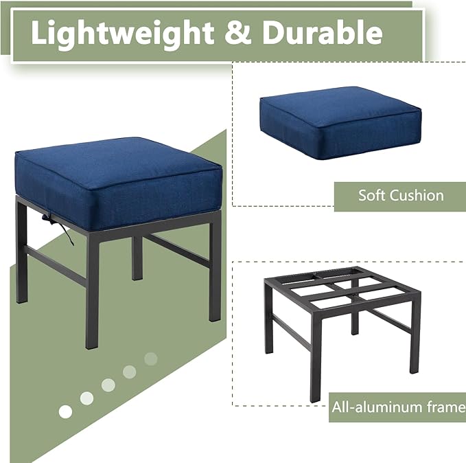2 Pieces Outdoor Ottomans for Patio, Assembled Patio Ottomans with Bule Cushions, Metal Small Outdoor Footrest for Patio Porch Yard Garden Deck, Gray Frame