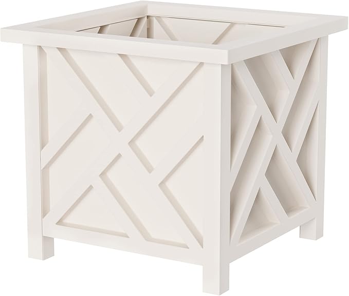 Lattice Design Outdoor Planter Box - 14.75” Square 13” Tall White Plant Pot - Decorative Plant Pots for Front Porch Decor - Flower Pots Outdoor Planters for Porch Patio or Garden Decor by Pure Garden
