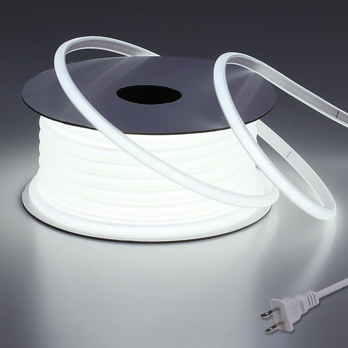 AC 110V COB LED Strip Lights Outdoor Waterproof 65.6ft, 6000K Cool White Super Bright 200W CRI 90+ LED Rope Light, IP65 Flexible Cuttable, for Bedroom Garden Commercial House