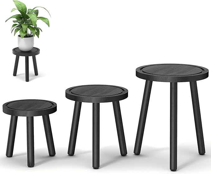 3-Pack Wood Plant Stands Indoor, Single Plant Stand for 6-12 Inch Pots, Mid-Century Modern Plant Stool, Tall Plant Stand for Large Plants for Living Room, Balcony, Office (Black)