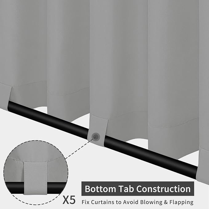 Easy-Going Outdoor Patio Curtains Detachable Tab Top Windproof Weatherproof Curtain for Cabana, Porch, Pergola and Gazebo, Tab Bottom Drape, 2 Panels, 110W x 84L inch, Light Grey