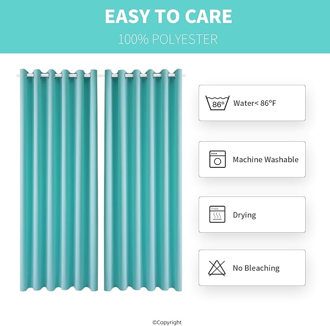 Waterproof Outdoor Curtain W84 x L84 - Grommet Top Sunlight Blocking Window Treatment Drapes Blackout Curtains for Home Bedroom Living Room Outdoor Patio Porch Gazebo (Teal Blue, 2 Panels)