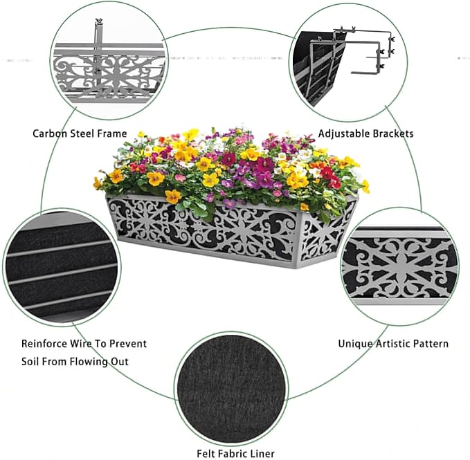 2 Pack 30 Inch Window Boxes Planter for Outdoor Plants Deck Railing Planters Box with Adjustable Brackets for Porch Fence Balcony Hanging Flower Baskets with Non-Woven Fabric Liner for Garden Décor
