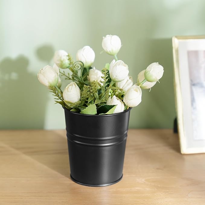 Dahey 5 Pcs Hanging Flower Pots 4 Inches Metal Iron Bucket Outdoor Planter for Railing Fence Balcony Garden Home Decoration Flower Holders with Detachable Hooks, Black
