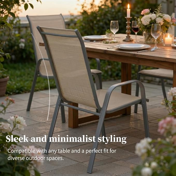 MAMIZO Patio Dining Chairs, Stackable All Weather Teslin Chair, Heavy Duty Outdoor Breathable Chairs Set, w/Armrests, Upgraded Chair FeetW/Strenthened Iron Spacers, 330 LBS (6, Brown)