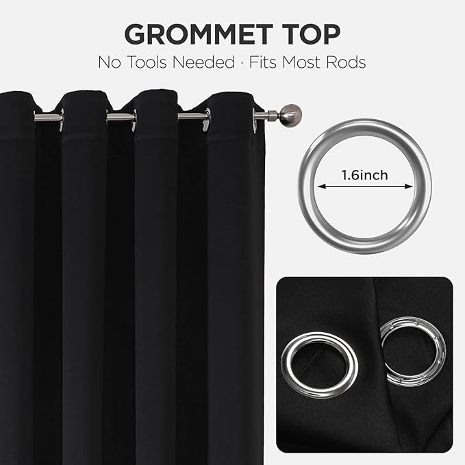 Joydeco Blackout Patio Sliding Door Curtains 96 Inches Long, Grommet Privacy Room Divider Curtains, Extra Wide Thermal Blackout Drapes for Bedroom Living Room (Black, 80Wx96L, 1 Panel)