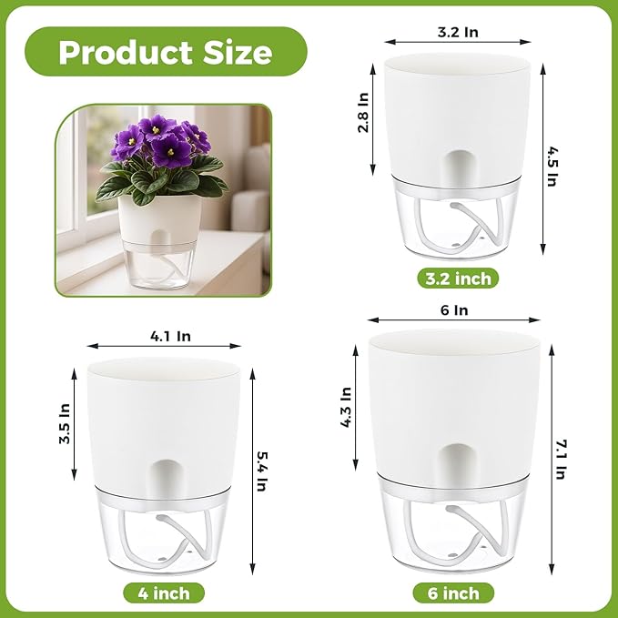 Planterhoma 8 Pack Self Watering Pots for Indoor Plants, 6 Inch Plant Pot Plastic Self Watering Planter for Orchid, African Violet, Small Clear Flower Pots with Drainage Holes and Wicking Rope, White