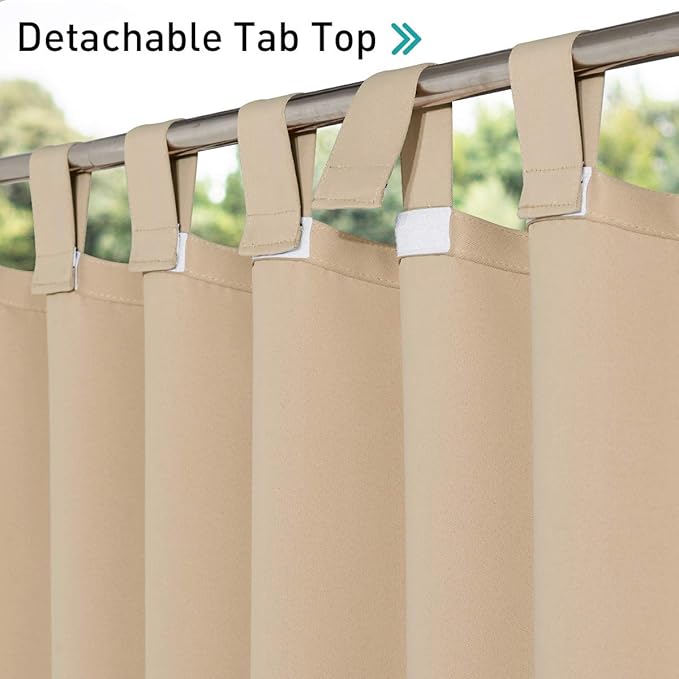 NICETOWN Outdoor Curtain for Patio Waterproof W84 x L84, Detachable Tab Top Self-Stick Light Blocking Privacy Protect Outdoor Blind for Pavilion/Indoor Outdoor Divider, 1 Panel, Biscotti Beige