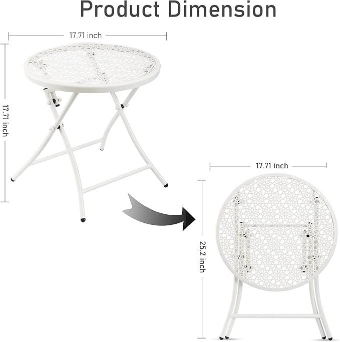 TeoKJ Folding Outdoor Side Tables, Anti Rust Small Patio Table Round Metal Nightstand with Flower Cutouts for Porch Yard Balcony Deck Lawn, White