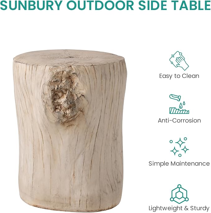 SUNBURY Outdoor Side Table Set of 2, Tree Stump Side Table Antique Beige Colored Faux Wood, End Table Wood Stump Stool, Ottoman or Plant Stand, Deck or Garden