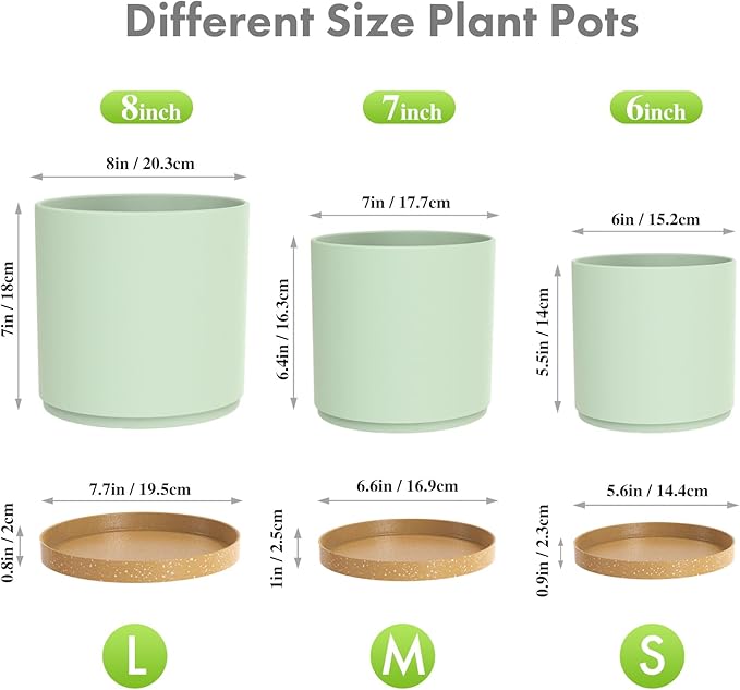 8/7/6 inch Plant Pots, 3 Pack Cylinder Flower Pots for Outdoor Indoor Plants, Decorative Plastic Planters with Drainage Holes and Saucers for Garden House Plants, Green with Brown