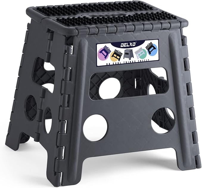 Delxo Folding Step Stool 13 inch Height Heavy Duty Foldable Step Stools for Adults and Kids,Kitchen Small Collapsible Fold Up Stepping Stool 1 Pack in Grey Dotted Texture