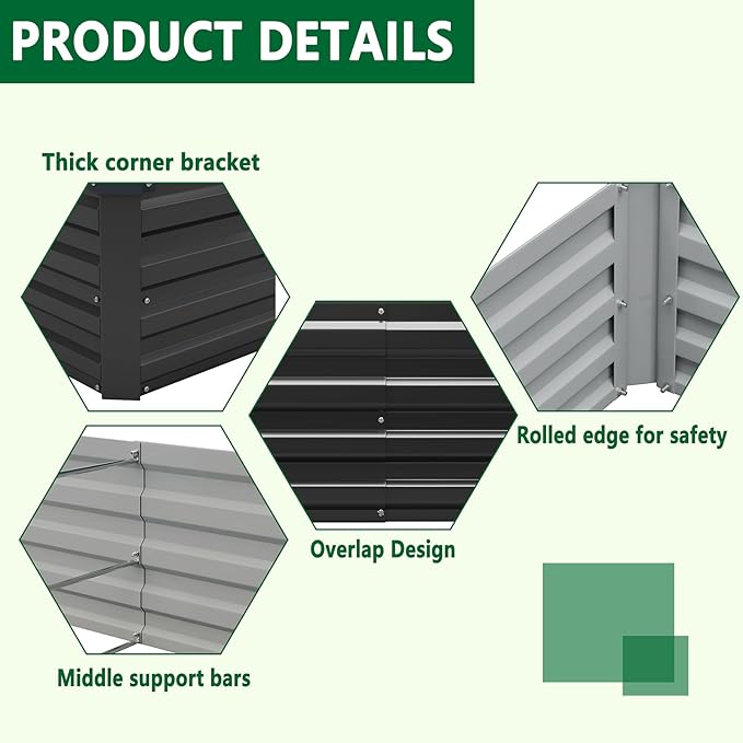 3 Pack 6x3x1FT Galvanized Raised Garden Bed Kit, Outdoor Metal Planter Box for Vegetables, Bottomless Rectangular Gardening Bed with Support Rods, Tool-Free Assembly, Black