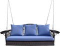 Wicker Porch Swing Heavy Duty 900 LBS 3-Seat Outdoor Patio Swing Chair with Cushions & 8.9ft Chains Outdoor Hanging Bench with Upgraded Cup Holders for Garden Deck Backyard