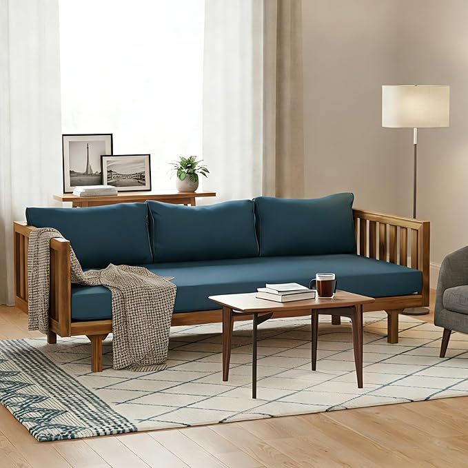 Merax Solid Acacia Wood Couch Chaise Lounge Chair Indoor, 3 Seater Daybed Sofa Couches with Cushions & Pillow, Heavy Frame Day Bed for Living Room, Office, Outdoor, Balcony, Patio, Water Resistant