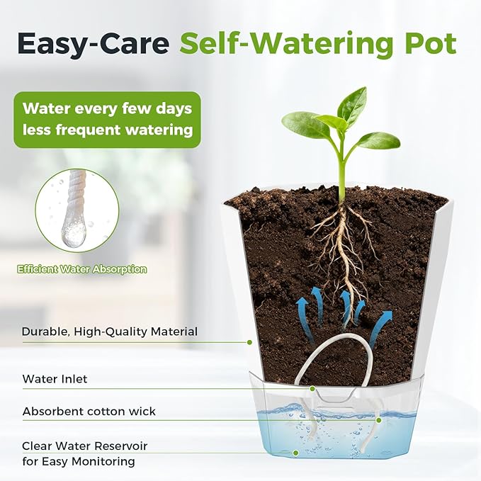 5 Pack Self Watering Plant Pots 6.7 Inches Self Watering Planters for Indoor and Outdoor Plants African Violet Self Watering Pots Clear Pots for Plants Herb Orchid Flower Houseplant Pots, White