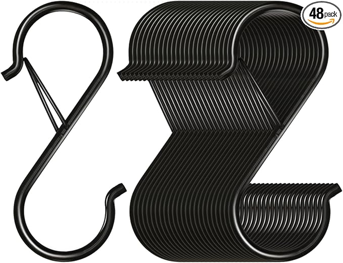 48 Pack S Hooks for Hanging, 3.5 inch Heavy Duty Metal S Hooks with Safety Buckle S Shaped Hooks Pot Rack Closet Hooks for Hanging Plants, Clothes, Kitchen Utensil, Pots, Pans, Bags (Black)