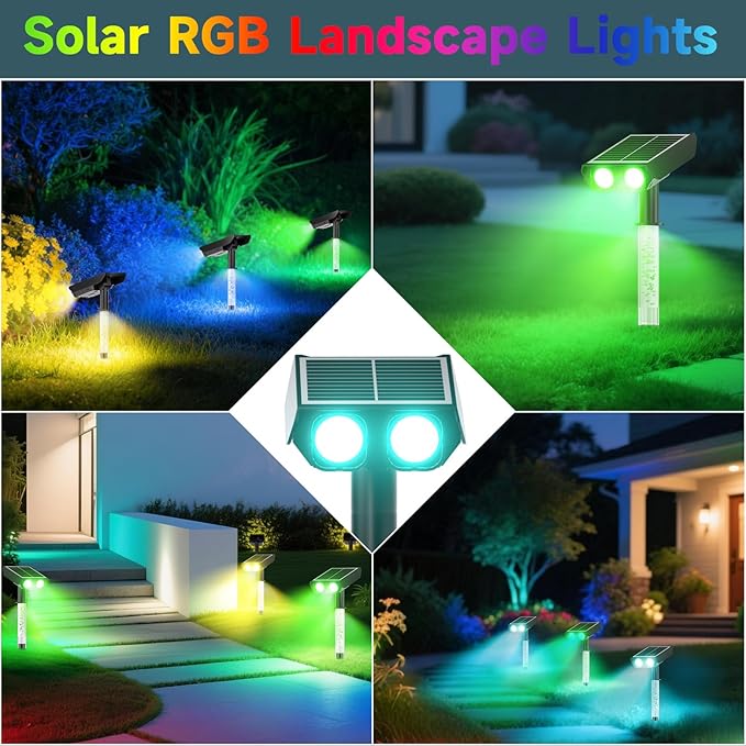 RGB Solar Spot Lights : 2 IN 1 Solar Lights Outdoor with 8 Lighting Modes & PC Light Guide Column for Tree Garden Yard Pathway | RGB Color Changing Landscape Lights | IP65 Waterproof | 4 Pack