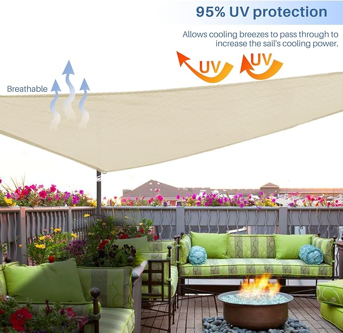 E&K Sunrise 9' x 9' x 9' Sun Shade Sail Triangle Canopy Shade Cover UV Block for Patio Backyard Garden Outdoor (Beige)
