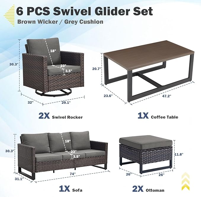 Belord 6 Piece Outdoor Furniture Patio Wicker Sofa Set, Oversize Outdoor Swivel Rocker Chairs with Rattan Ottomans, Conversation Sets Patio Furniture Come with Removable Washable Blue Cushion