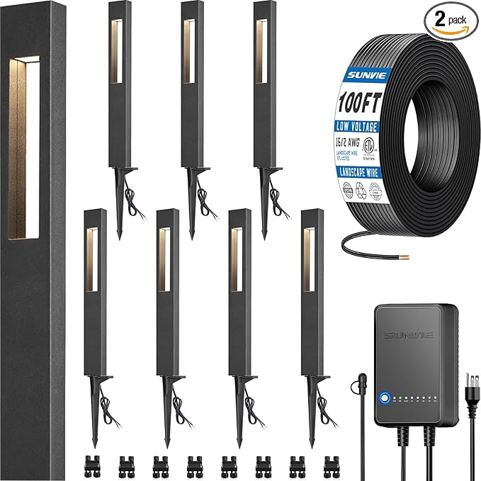 SUNVIE All-In-One LED Low Voltage Landscape Lighting Kit, 8-Pack Pathway Lights with Transformer and 100FT 16/2 AWG Wire, 3000K Waterproof Landscape Path Lights with Connectors for Walkway Garden Yard