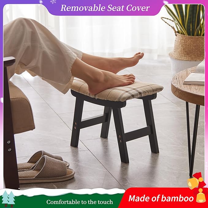 Foot Stool,Ottoman,Bamboo Small Sofa Foot Rest Under Desk,Extra Seating for Living Room, Bedroom and Kitchen (Black Stool Legs - Stripes Surface)