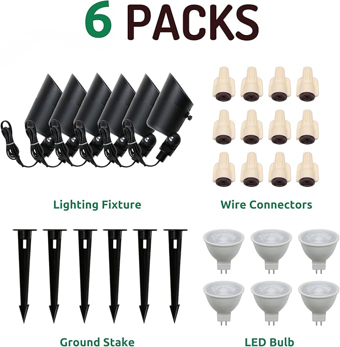 Lumina Lighting® 4W Landscape Lighting 12V Landscape Lights Low Voltage Landscape Spotlights Warm White Waterproof Outdoor Replaceable LED Bulb for Garden, Lawn, Porch, Patio and Yard (Black, 6-Pack)