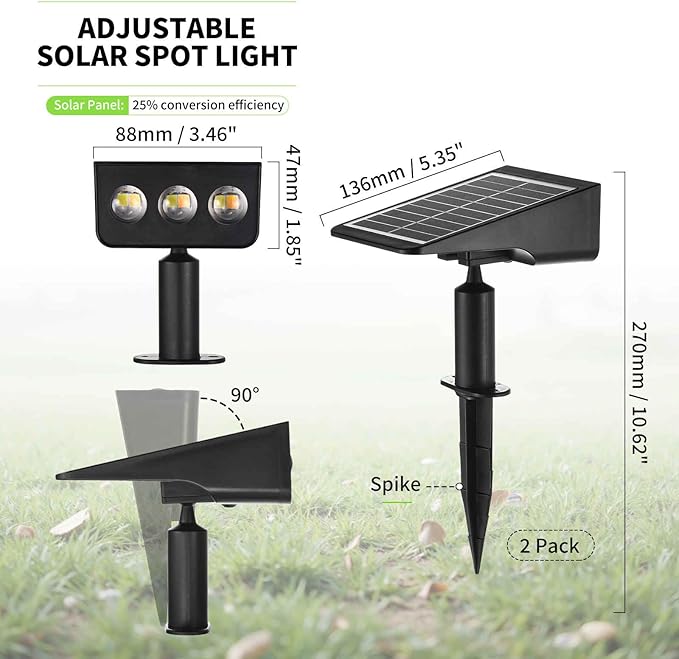 Solar Spot Lights Outdoor, 2 Pack Solar Landscape Spotlights 3 Lighting Modes IP65 Waterproof Adjustable Light House Lights Spot Light for Yard