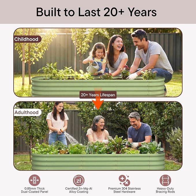 2-Pack Galvanized Raised Garden Bed 8x4x1.5 | 10x2x1.5 ft, 18" Tall Metal Planter Boxes Outdoor for Vegetable Herbs, Modular Raised Flower Bed for Gardening with Zn-Al-Mg Coated - Moss Green