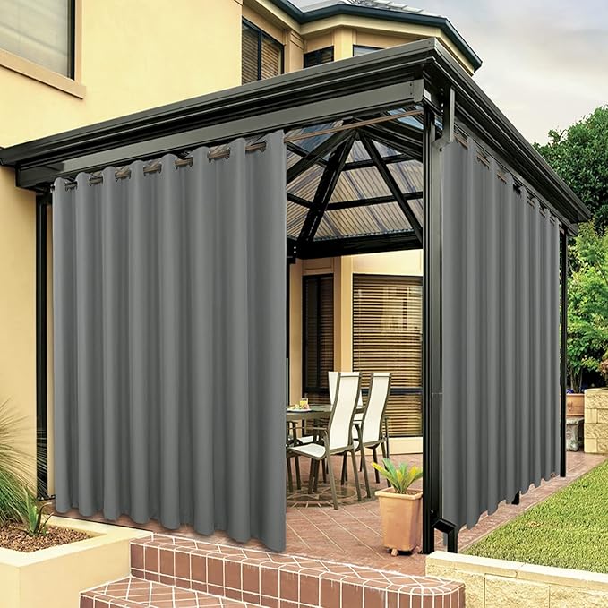 BONZER Extra Wide Waterproof Outdoor Curtains for Patio Heavy Privacy Light Filtering Grommet Outside Curtains for Porch, Pergola, Gazebo, 1 Panel, 150W x 95L inch, Grey