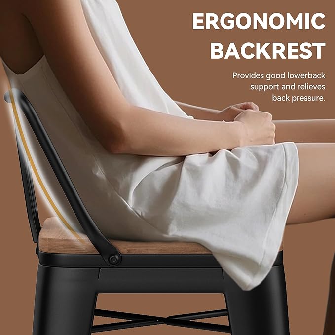 Yongchuang 30 inch Bar Stools Set of 4 Bar Height Metal Barstools with Wood Seat Low Back Kitchen Bar Chairs Matte Black