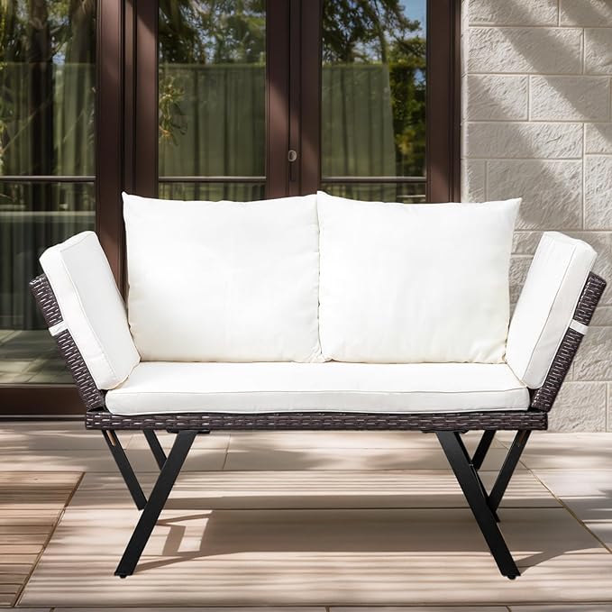 VINGLI Outdoor Loveseat, Woven Rattan Outdoor Sofa with Adjustable Armrests, Patio Loveseat with Removable Cushions and Pillows, Convertible Patio Couch for Yard Pool Balcony