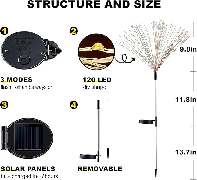 2 PCS Solar Firework Light, Outdoor Solar Garden Decorative Lights 120 LED Powered 40 Copper Wires String DIY Landscape Light for Walkway Pathway Backyard Christmas Decoration Parties (Cool White)