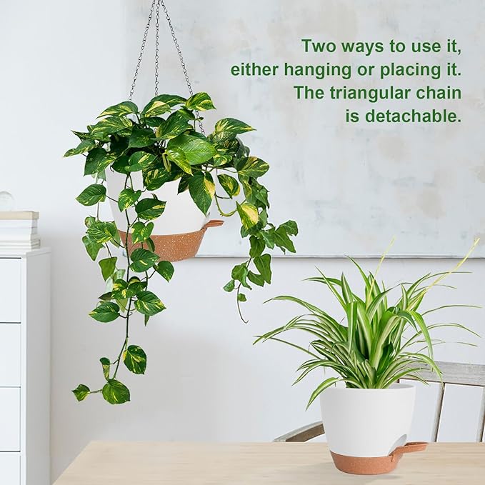 3 Pack Hanging Planter Indoor Outdoor Flower Pots 7/6.5/5 Inch, Self-Watering Hanging Pot with Drainage Holes Hanging Baskets Holder Plant Pots for Garden (White)