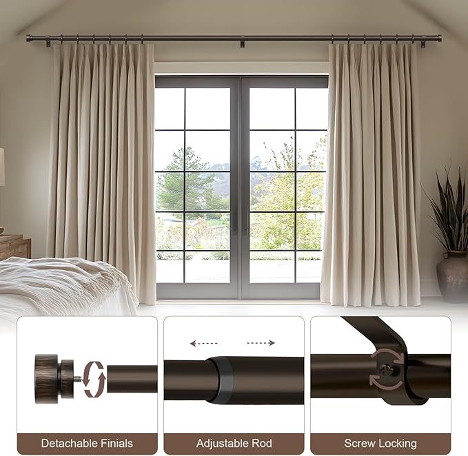 2 Pack Modern Antique Brown Bronze Curtain Rods for Windows 66 to 120 Inches Adjustable Heavy Duty 1" Diameter Window Rod with Decorative Finials for Outdoor Farmhouse Bedroom Kitchen Living Room