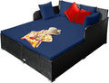 RELAX4LIFE Rattan Patio Outdoor Daybed, Wicker 2-Person Sunbed Loveseat with Soft Cushions, 4 Pillows, Curved Backrest & Armrest, Double Bed Lounger Sofa Set for Balcony Porch, Patio Bed (Navy)