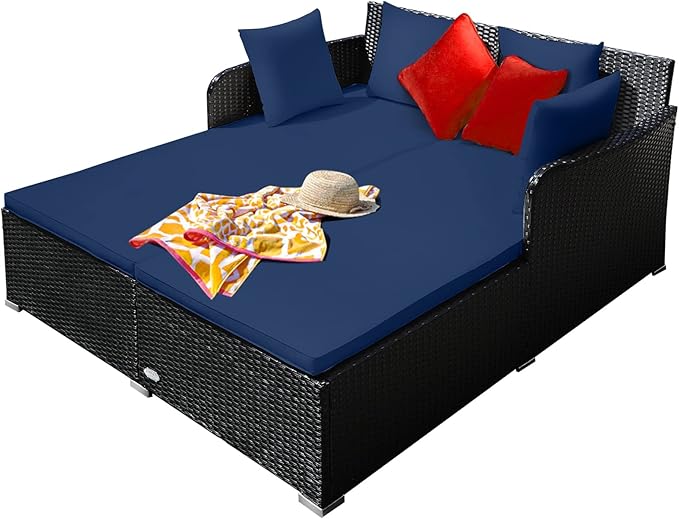 RELAX4LIFE Rattan Patio Outdoor Daybed, Wicker 2-Person Sunbed Loveseat with Soft Cushions, 4 Pillows, Curved Backrest & Armrest, Double Bed Lounger Sofa Set for Balcony Porch, Patio Bed (Navy)