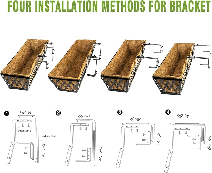 4 Pack 24 Inch Window Boxes Planters Railing Planter Box with Adjustable Brackets for Porch Fence Patio Balcony Hanging Flower Baskets with Coco Liners for Outdoor Garden Decor - Bronze