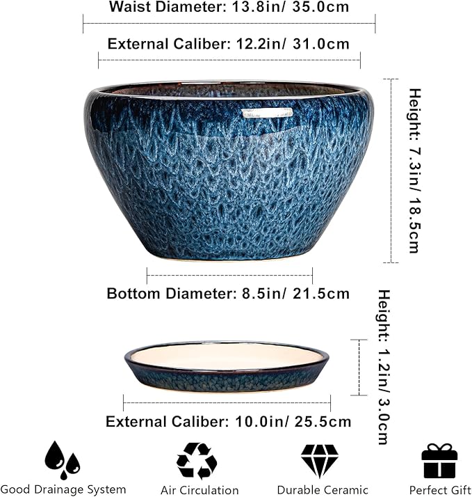Ceramic Plant Pots 13 Inch - Indoor Planter with Drainage Hole and Saucer, Decorative Large Planter for Indoor Outdoor Plants, Ceramic Flower Pots, Gifts for Plant Lovers, House Decor, Blue