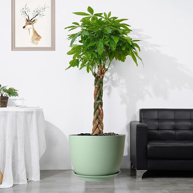 12inch Large Plant Pot, Modern Plastic Planter with High Driange Holes and Saucer for Indoor Outdoor Garden Plants and Flowers, Green