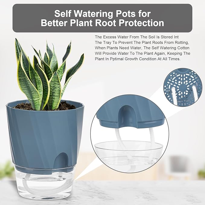 KIMCHOMERSE Self Watering Plant Pots, 4.7 Inch Plant Pots 6-Pack Indoor Planter Pots with Drainage Holes and Tray for Home Decor（2White, 2Pink, 2Blue）