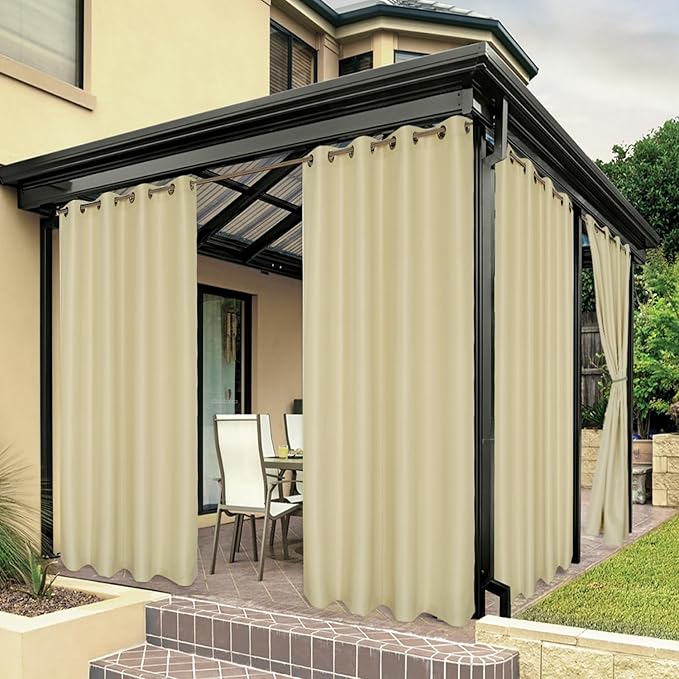 BONZER Outdoor Waterproof Curtains for Patio Privacy Grommet Light Filtering Outside Curtains for Gazebo, Porch, Pergola, Pavilion, 1 Panel, 84W x 120L inch, Cream