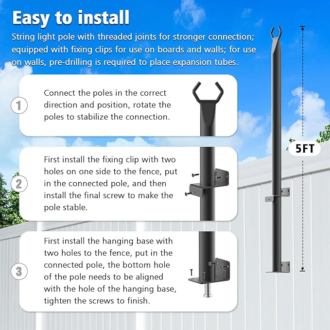 AILBTON 2 Pack 5Ft String Light Poles,Light Poles for Outside String Lights,Outdoor Light Poles with Fork,Metal Pole Stand for Patio,Backyard,Deck