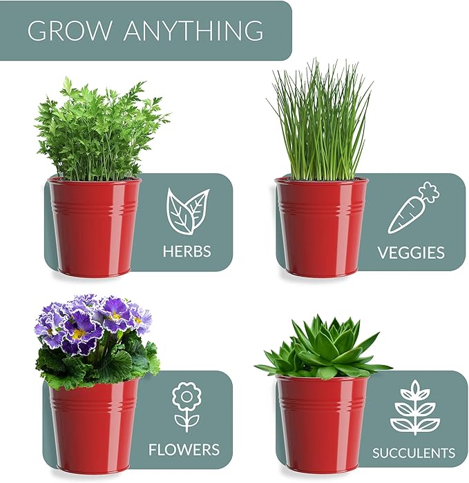 Barnyard Designs Indoor Herb Garden Planter Set with Tray, Metal Windowsill Plant Pots with Drainage for Outdoor or Indoor Plants, Set/3 (Brick Red)
